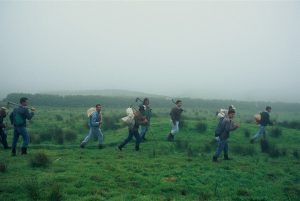 Lavradores a caminho de trabalho no baldio
